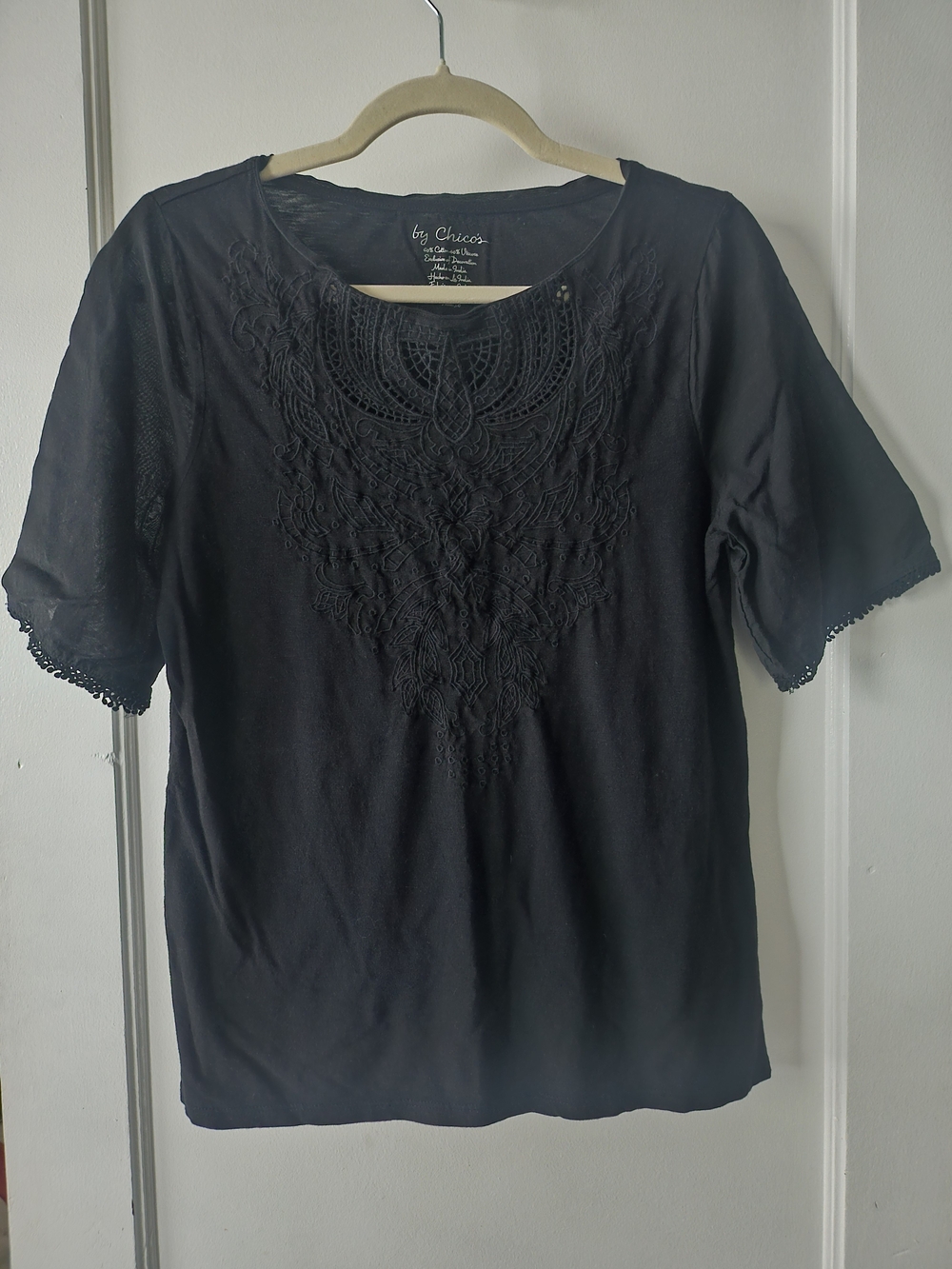 Chico's Black Short-Sleeve Embroidered Scoop Neck Top